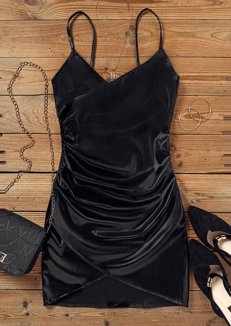 Bodycon Dresses Ruched V-Neck Spaghetti Strap Bodycon Dress in Black. Size: L