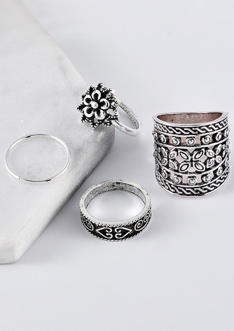 

Rings 4Pcs Ethnic Floral Hollow Out Alloy Ring Set in Silver. Size