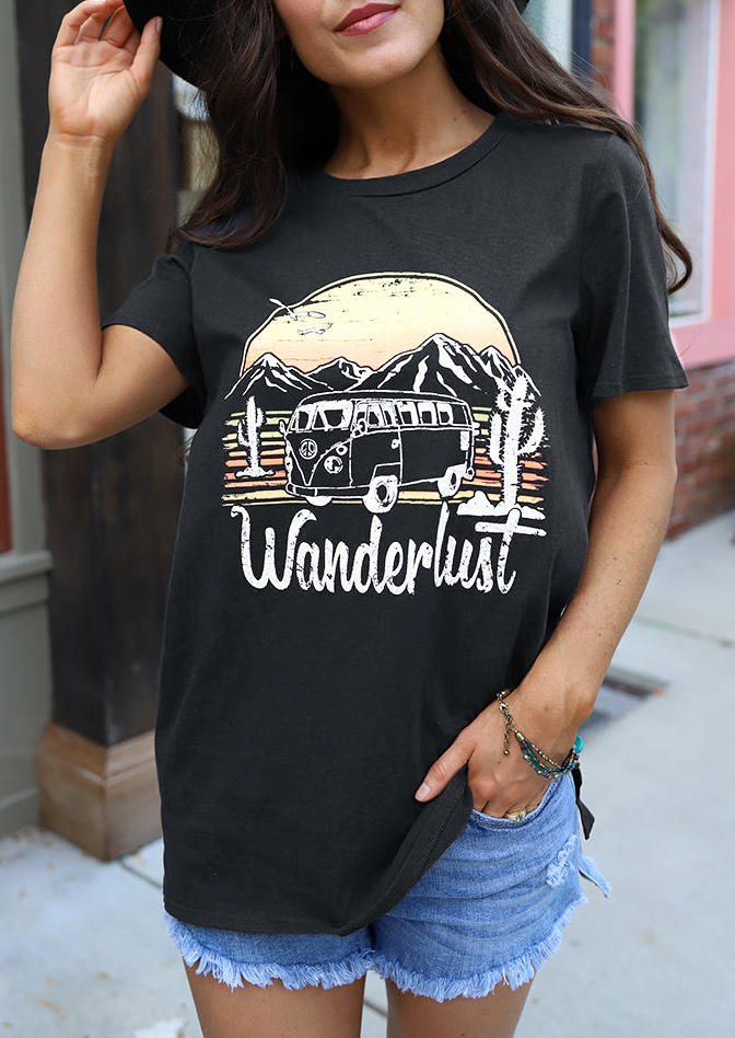 T-shirts Tees Wanderlust Cactus O-Neck T-Shirt Tee in Black. Size: S