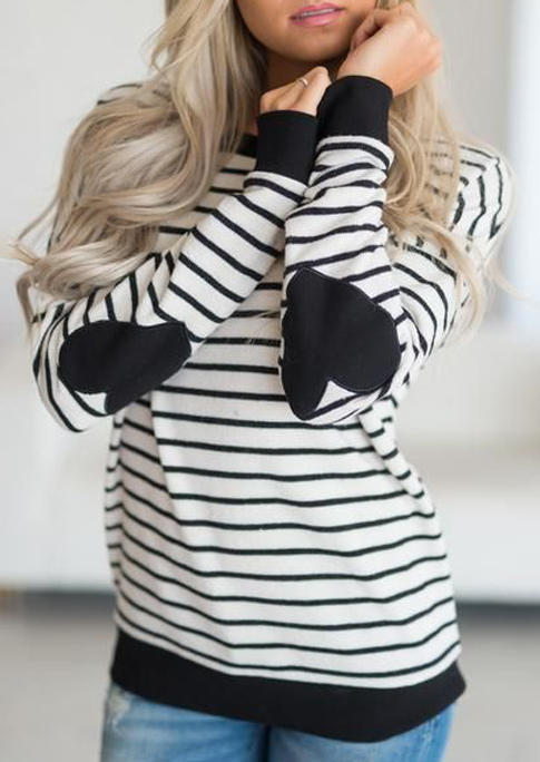 Striped Heart Elbow Patch Long Sleeve Blouse