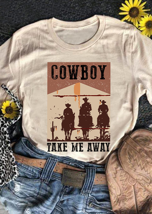 Cowboy Take Me Away O-Neck T-Shirt Tee - Apricot