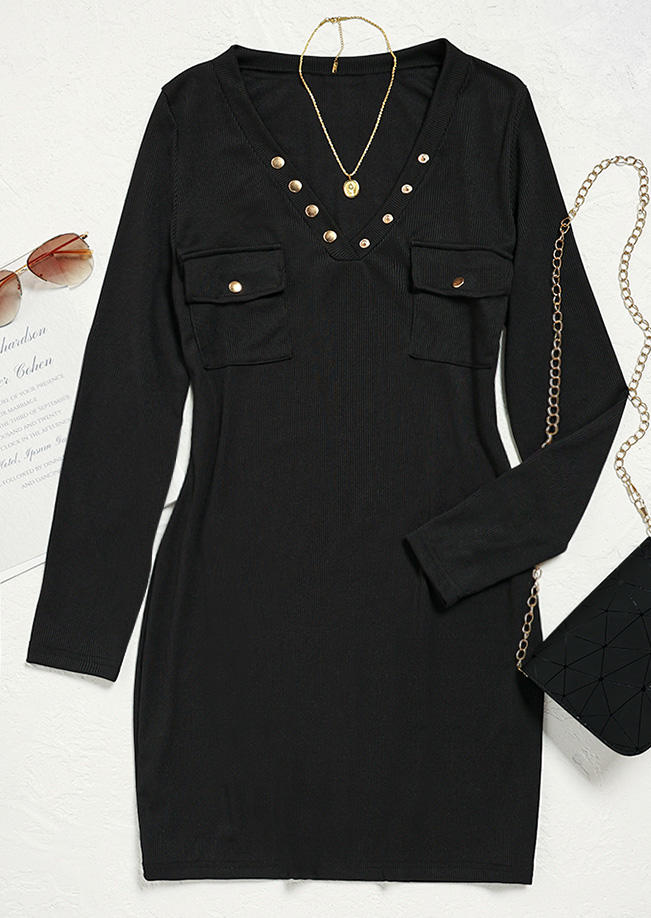 Pocket Button Long Sleeve Bodycon Dress - Black