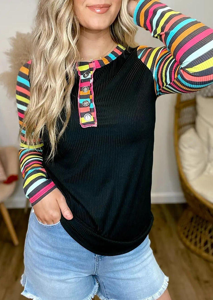 Blouses Colorful Striped Button O-Neck Blouse in Black. Size: L,M,S