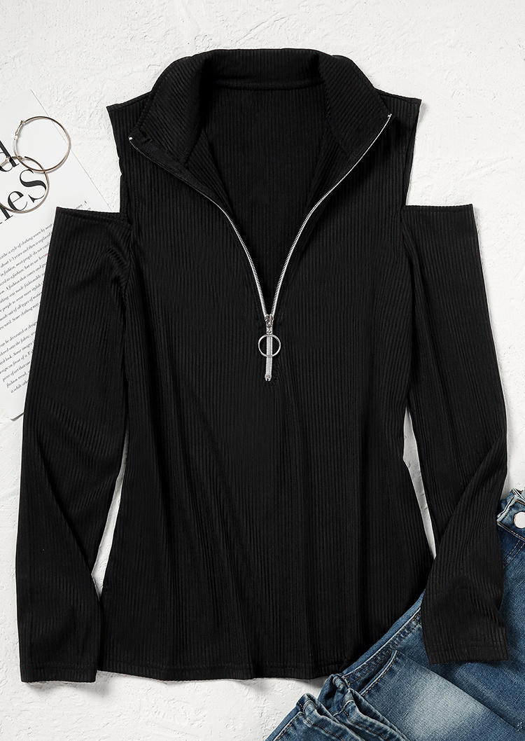Blouses Zipper Collar Cold Shoulder Blouse in Black. Size: L,S,XL