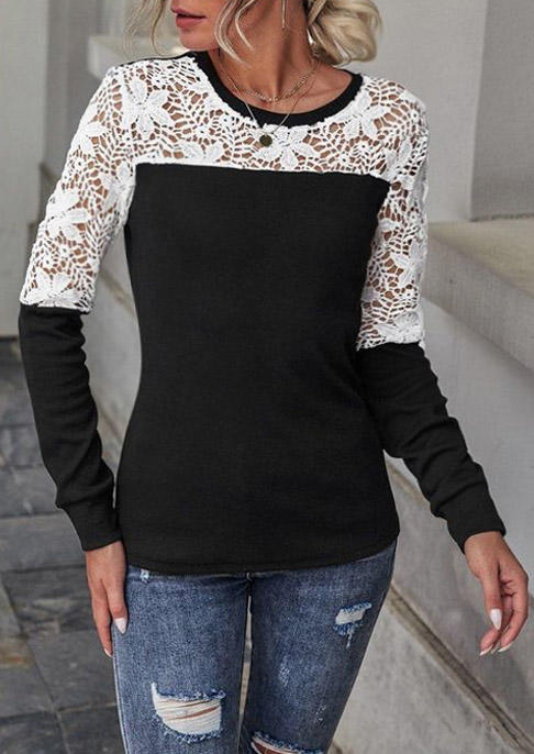 Blouses Lace Splicing Long Sleeve O-Neck Blouse in Black. Size: L,M,S,XL