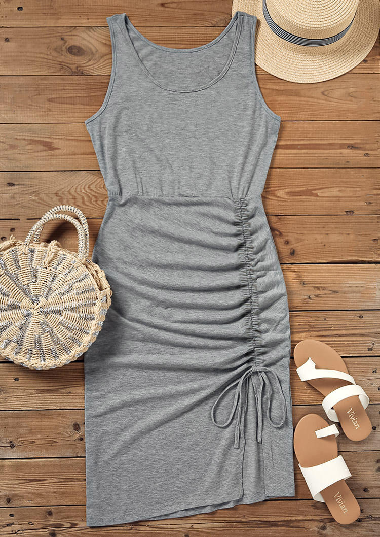 Mini Dresses Drawstring Sleeveless O-Neck Split Mini Dress in Gray. Size: L,M,XL