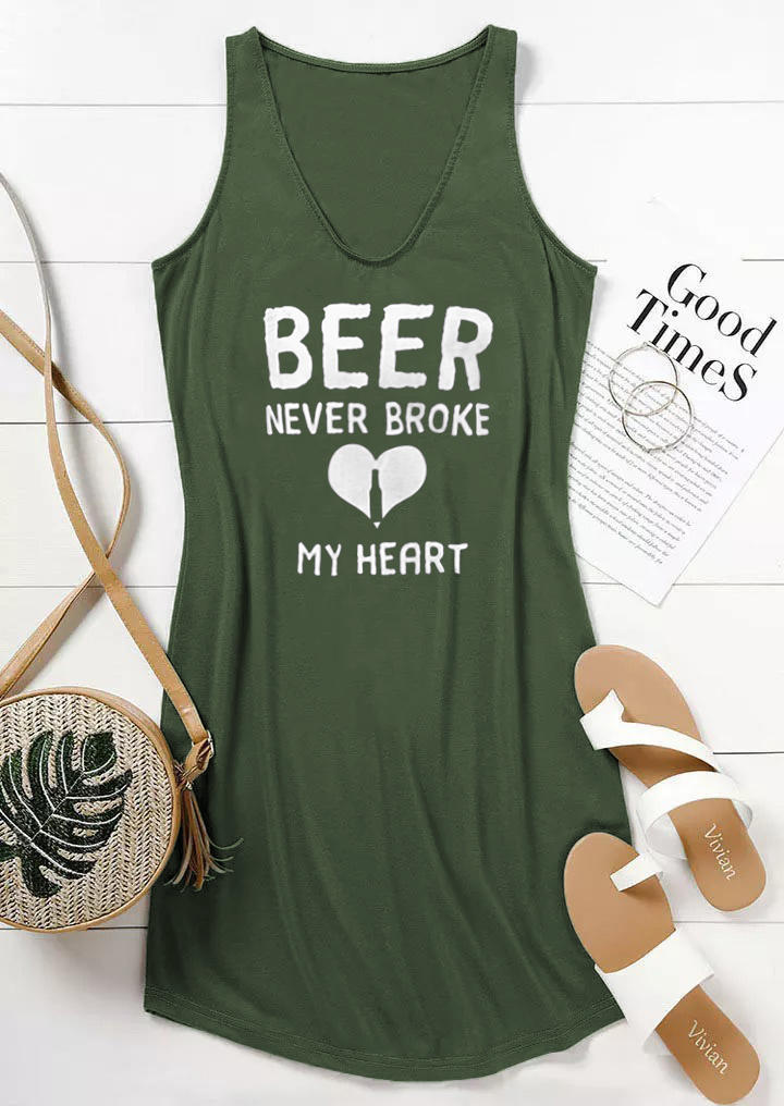 

Mini Dresses Beer Never Broke My Heart Sleeveless Mini Dress in Army Green. Size: ,M,L,XL