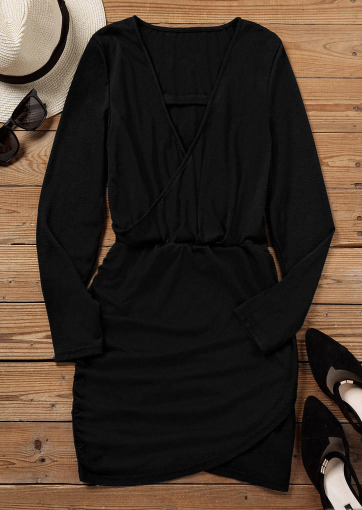 Mini Dresses Hollow Out Wrap Ruffled Mini Dress in Black. Size: L,M,S