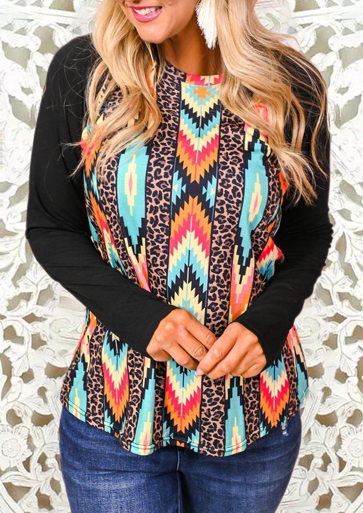 

Blouses Aztec Geometric Leopard O-Neck Blouse in Multicolor. Size