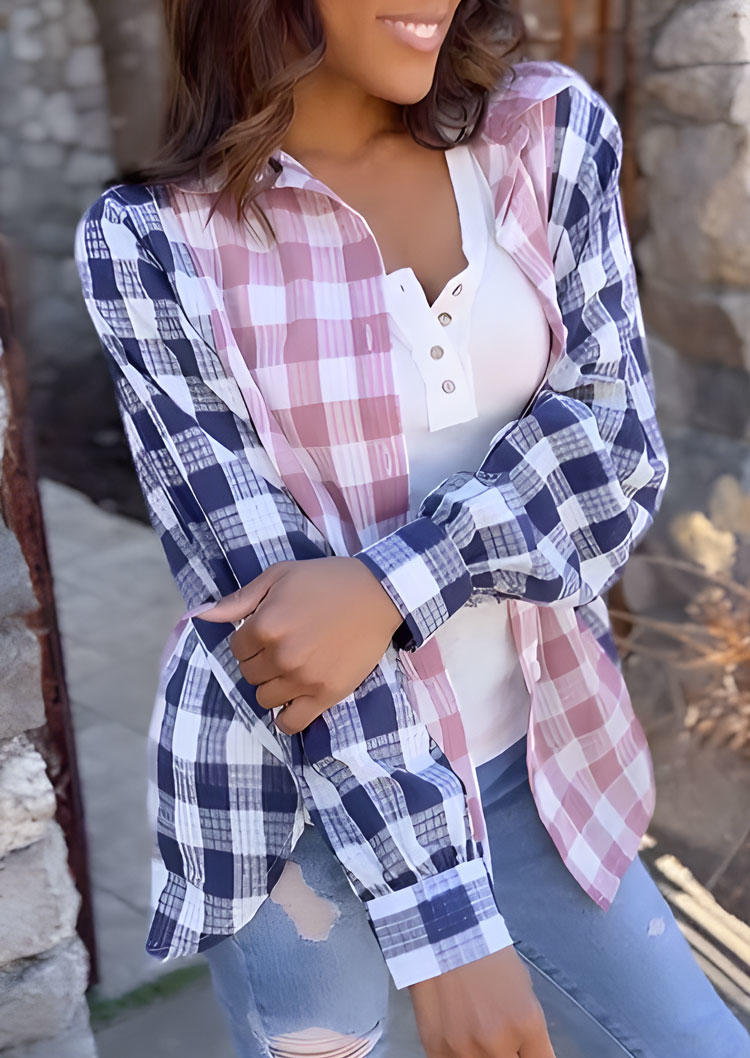 

Shirts Color Block Plaid Turn-Down Collar Shirt in Multicolor. Size: L