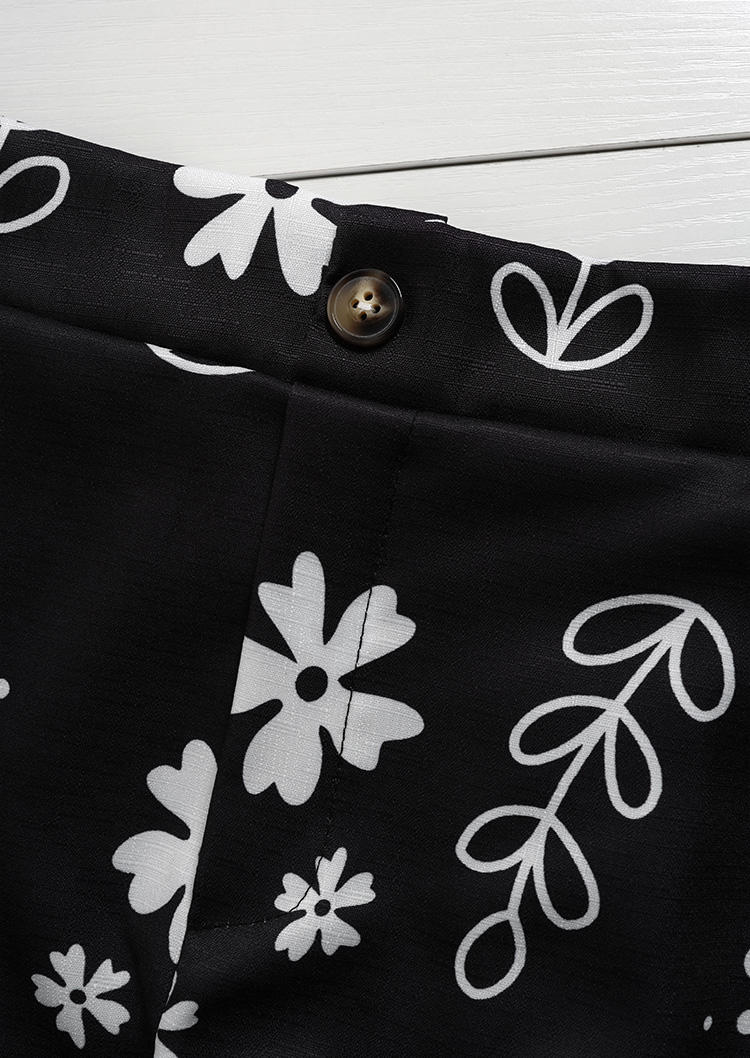 Floral Pocket High Elastic Waist Pants - Black