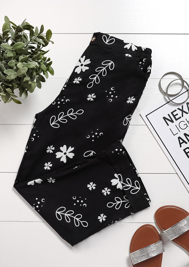 

Pants Floral Pocket High Elastic Waist Pants in Black. Size