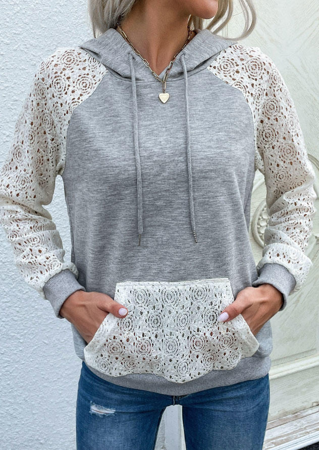 

Hoodies Lace Splicing Kangaroo Pocket Hoodie in Gray. Size