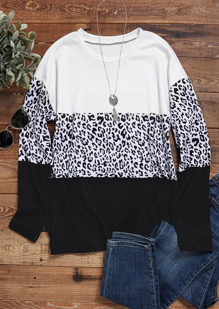 Blouses Leopard Color Block Long Sleeve Blouse in Black. Size: L