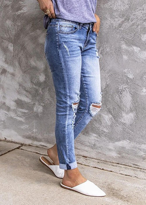 

Pants Ripped Hole Frayed Hem Pocket Denim Pants - Light Blue in Blue. Size
