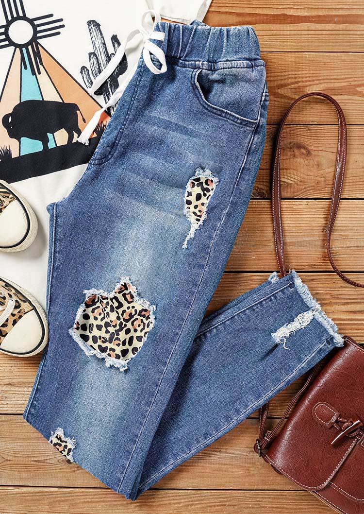 

Pants Leopard Ripped Patch Drawstring Skinny Jeans in Blue. Size