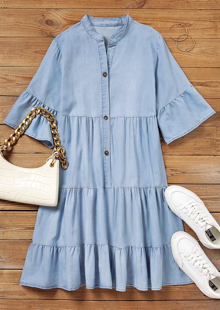 Mini Dresses Ruffled Button Denim Half Sleeve Mini Dress in Blue. Size: S