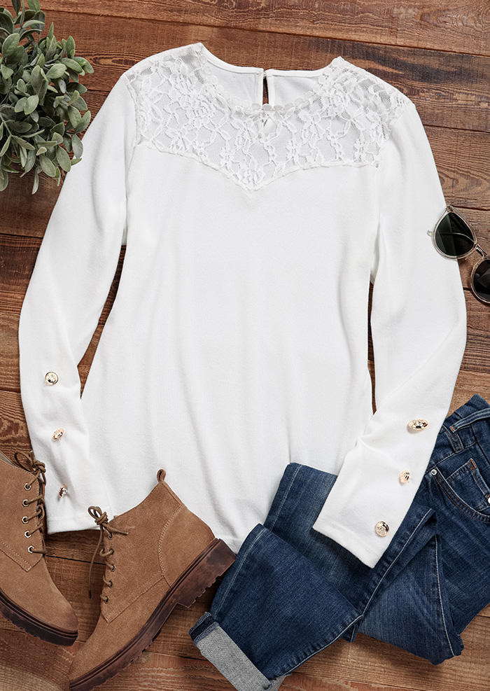 

Blouses Lace Splicing Button Long Sleeve Blouse in White. Size