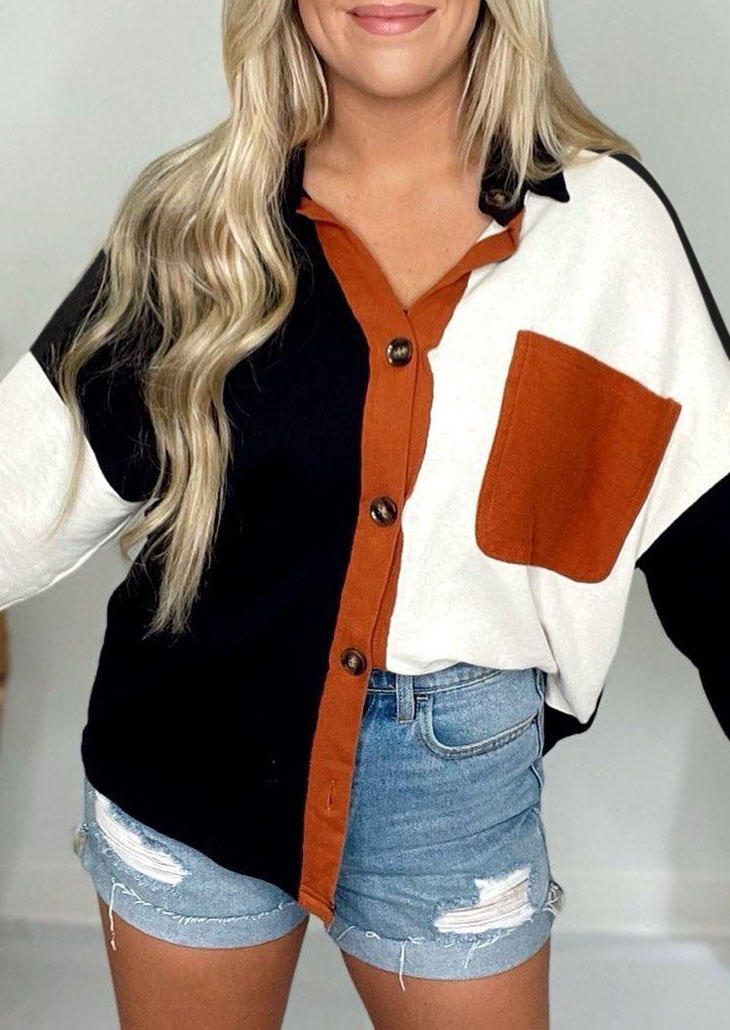 

Shirts Color Block Button Pocket Long Sleeve Shirt in Multicolor. Size: ,M,L,XL