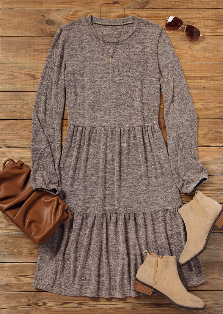 Mini Dresses Ruffled Long Sleeve O-Neck Mini Dress - Coffee in Brown. Size: S