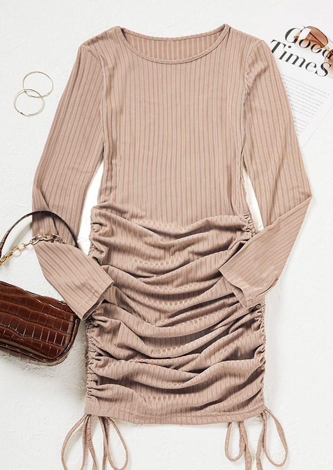 

Bodycon Dresses Drawstring Long Sleeve O-Neck Bodycon Dress in Khaki. Size