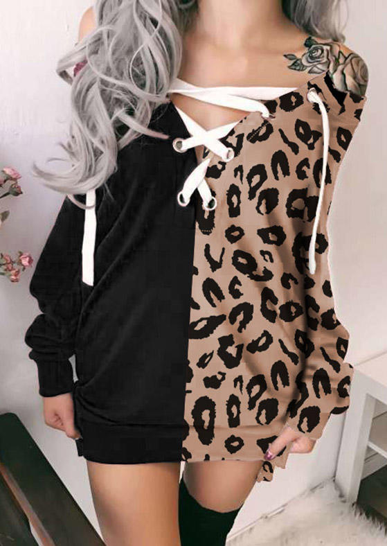 Mini Dresses Leopard Lace Up Long Sleeve Mini Dress in Black. Size: L,M,S,XL