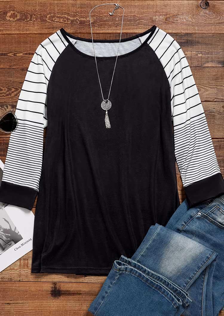 

Blouses Striped Long Sleeve O-Neck Blouse in Black. Size