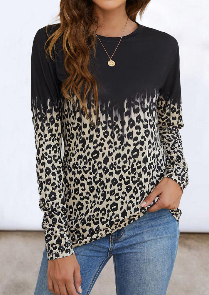 Blouses Leopard V-Neck Long Sleeve Blouse in Multicolor. Size: L