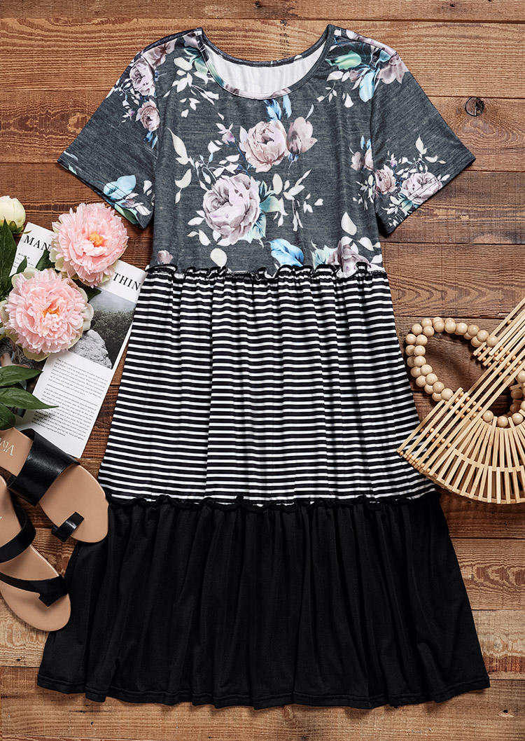 Mini Dresses Floral Striped Color Block Short Sleeve Mini Dress in Multicolor. Size: XL