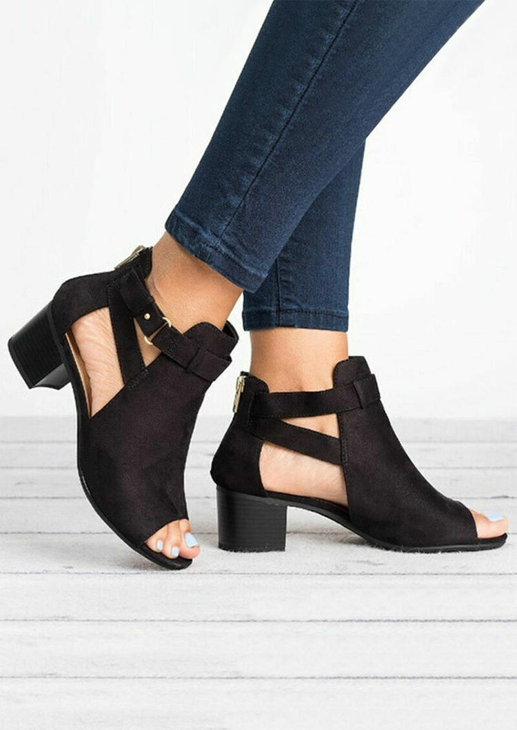 Sandals Zipper Peep Toe Square Heel Sandals in Black. Size: 38