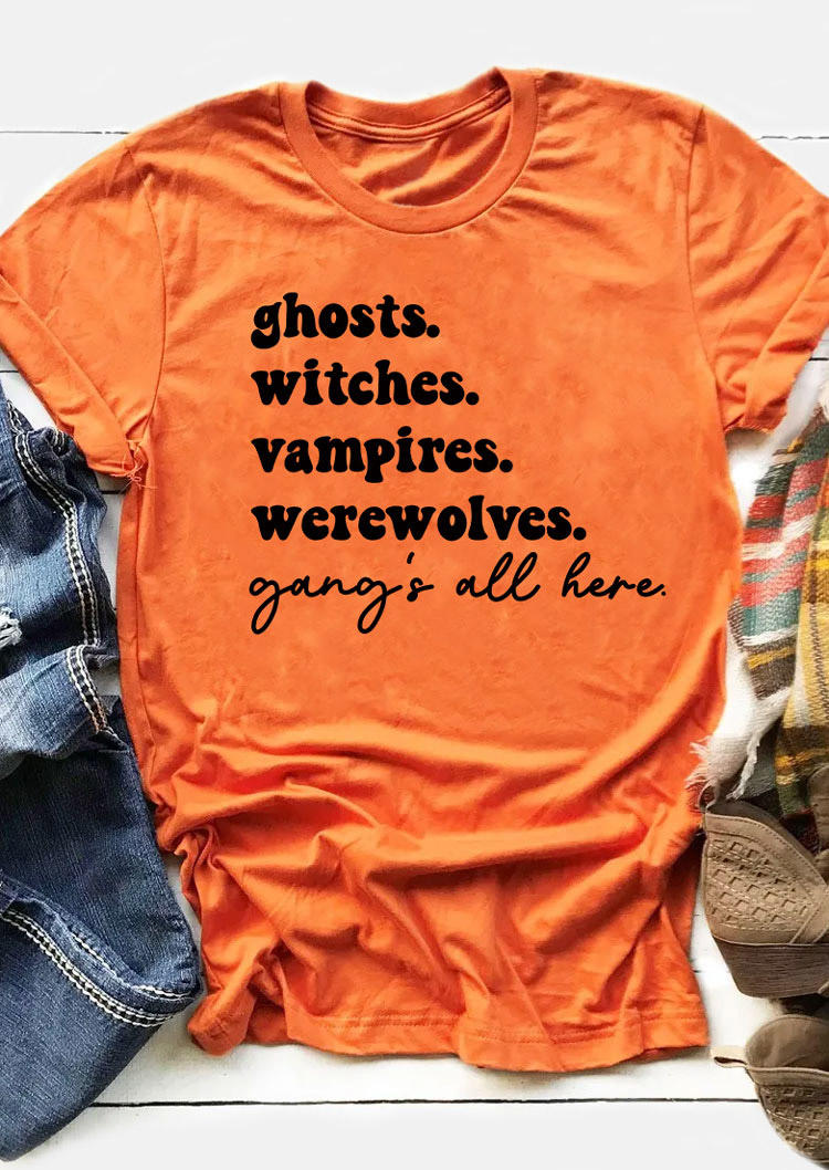 T-shirts Tees Halloween Ghosts Witches Vampires Werewolves Gang's All Here T-Shirt Tee in Orange. Size: M,S
