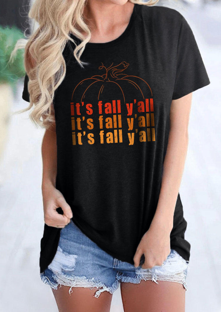 It's Fall Y'all Pumpkin O-Neck T-Shirt Tee - Black