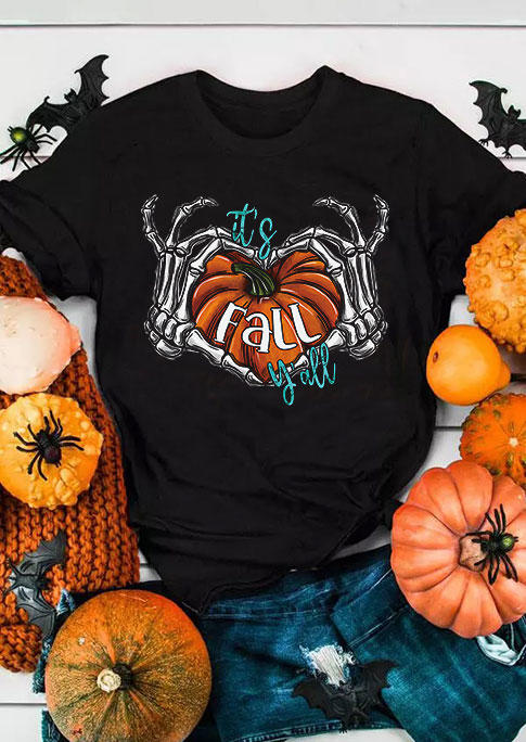 T-shirts Tees Halloween It's Fall Y'all Pumpkin Skeleton Hand Heart T-Shirt Tee in Black. Size: M,S