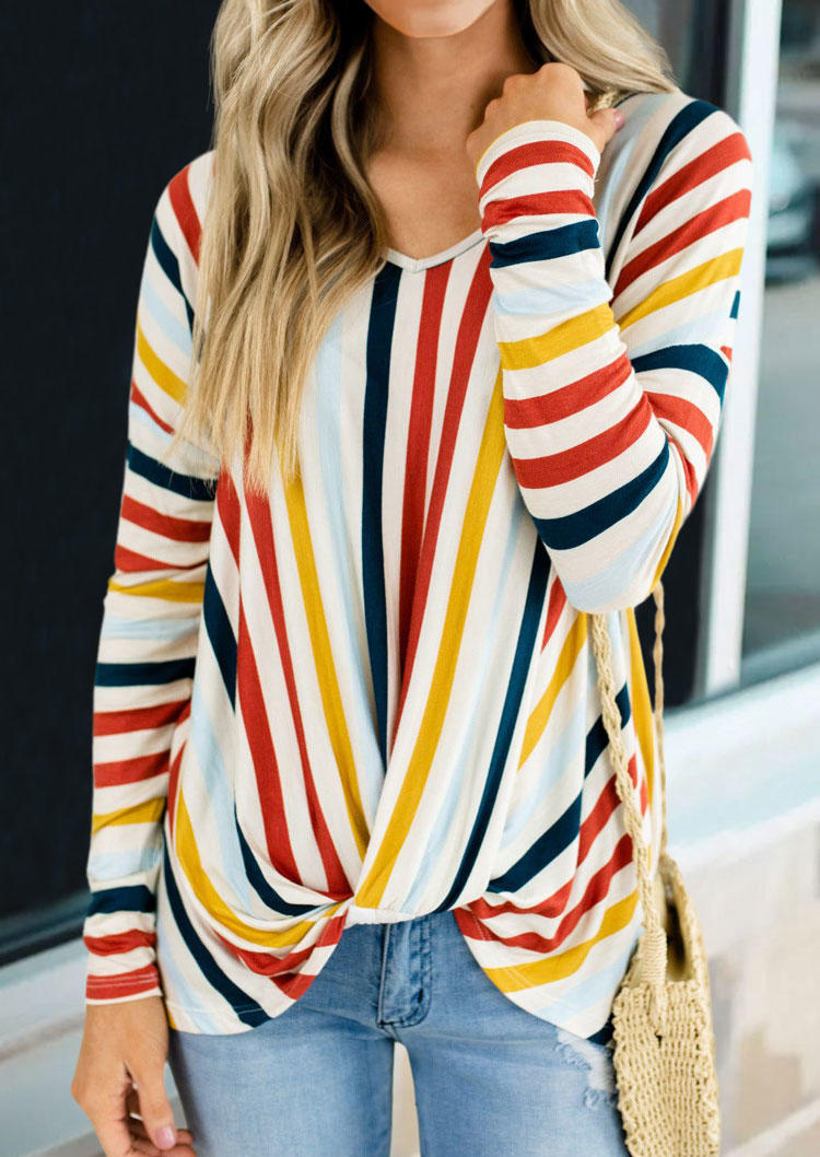 Colorful Striped Twist Long Sleeve Blouse