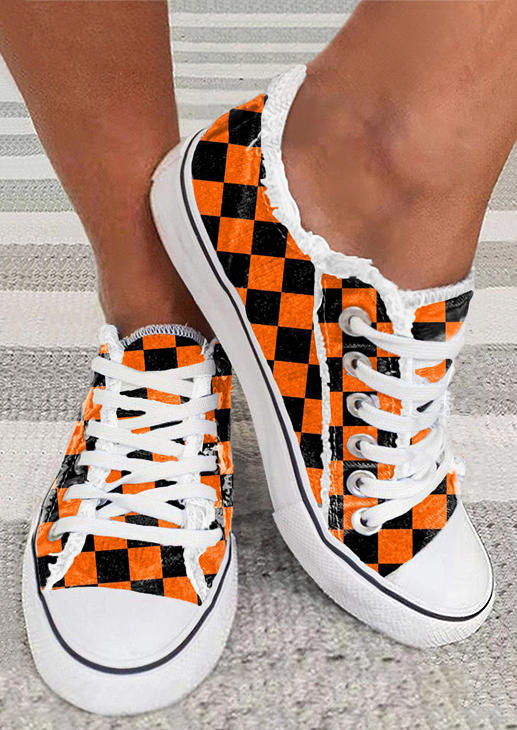 Plaid Lace Up Flat Sneakers - Orange