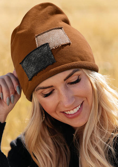 

Hats Color Block Patch Beanie Hat in Brown. Size