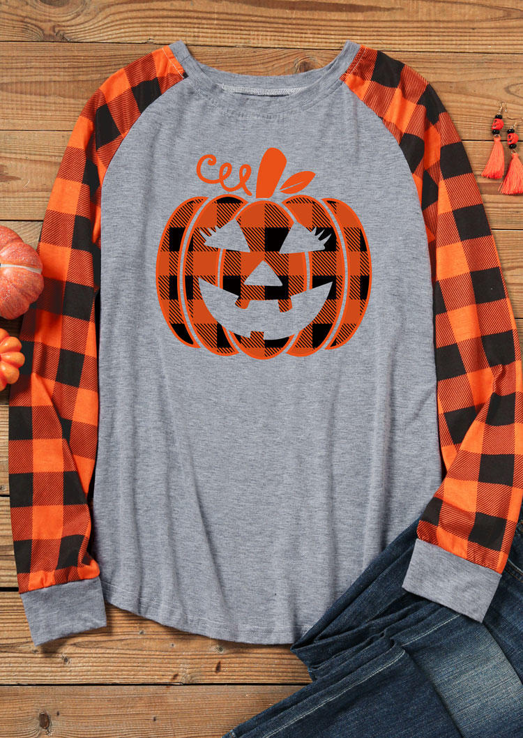 Halloween Pumpkin Face Plaid Long Sleeve T-Shirt Tee - Gray