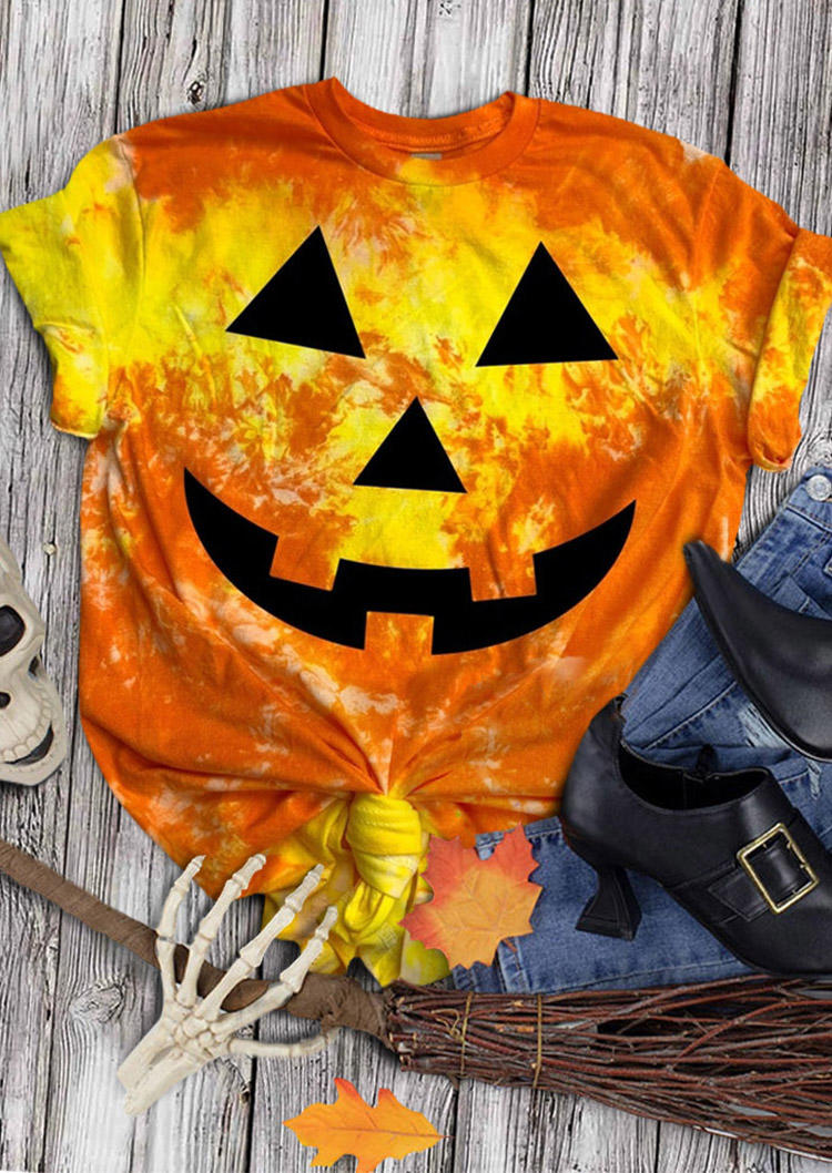 T-shirts Tees Halloween Pumpkin Face Tie Dye T-Shirt Tee in Orange. Size: M,S