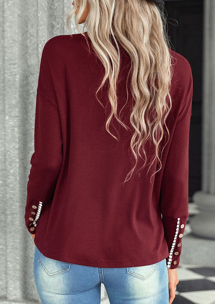 Lace Splicing Button O-Neck Blouse - Burgundy