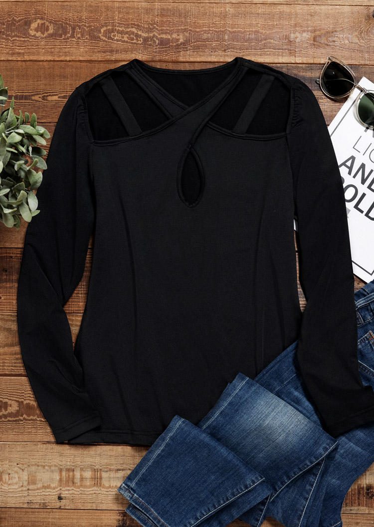Hollow Out Criss-Cross Long Sleeve Blouse - Black