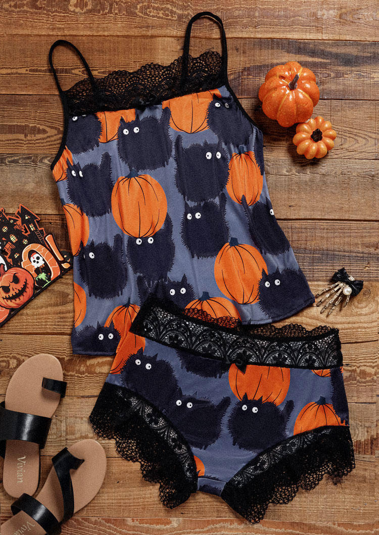 Sleepwear Halloween Pumpkin Cat Lace Splicing Camisole And Shorts Pajamas Set in Multicolor. Size: L,M,S,XL
