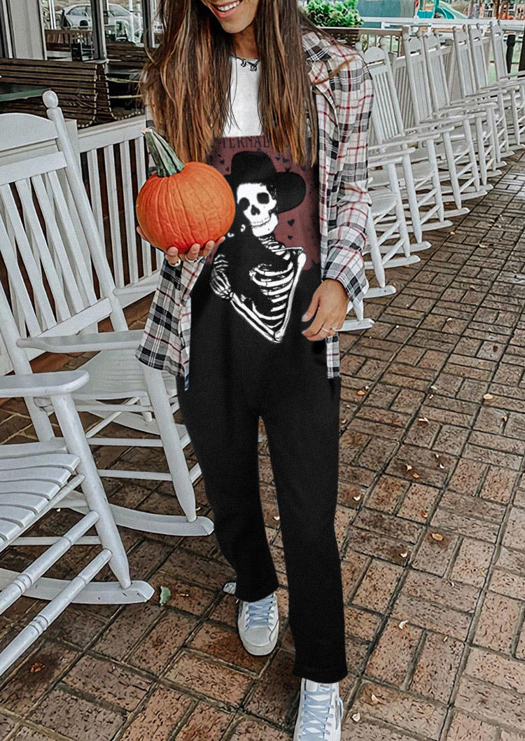 

Jumpsuits & Rompers Halloween Skeleton Pocket Tie Overall Jumpsuit in Black. Size
