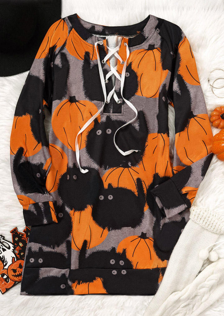 

Mini Dresses Halloween Pumpkin Cat Lace Up Mini Dress in Multicolor. Size: L,,XL