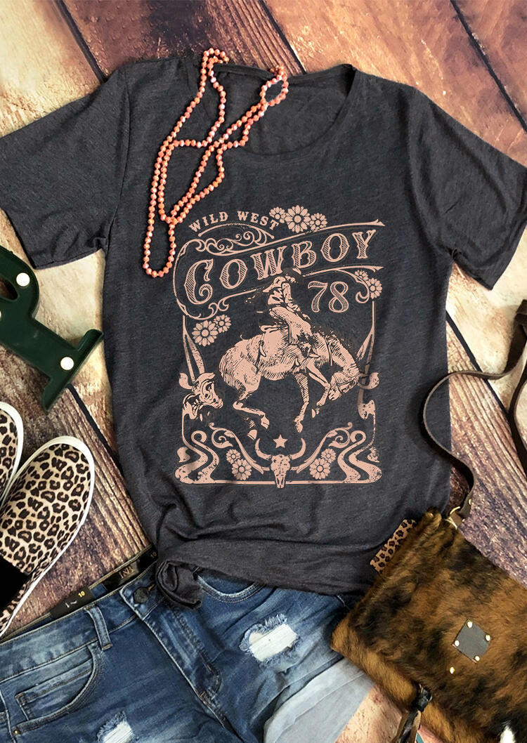 T-shirts Tees Wild West Cowboy Steer Skull Floral T-Shirt Tee - Dark Grey in Gray. Size: 2XL,3XL,L,M,S,XL