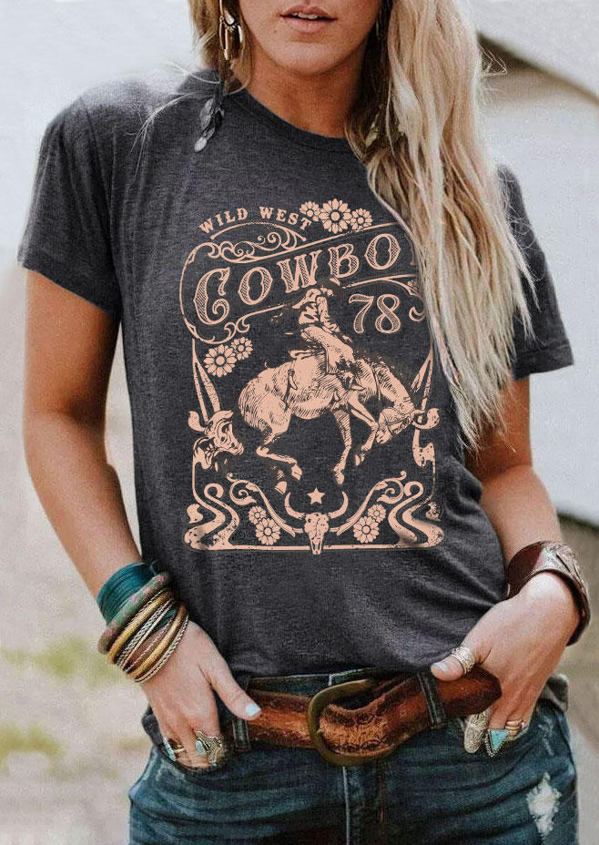 Wild West Cowboy Steer Skull Floral T-Shirt Tee - Dark Grey