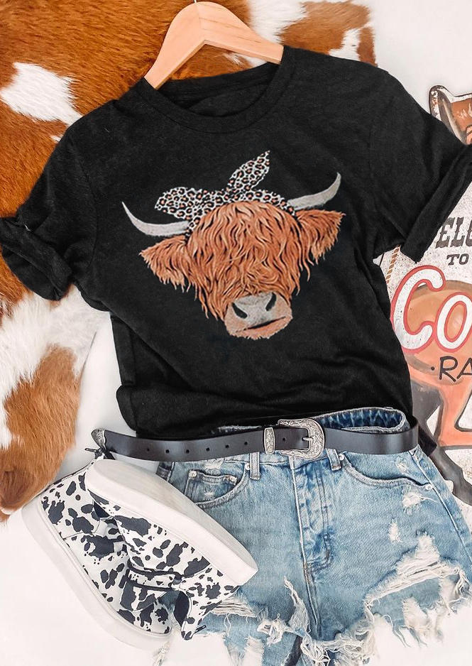 

T-shirts Tees Cute Cattle Leopard O-Neck T-Shirt Tee in Black. Size