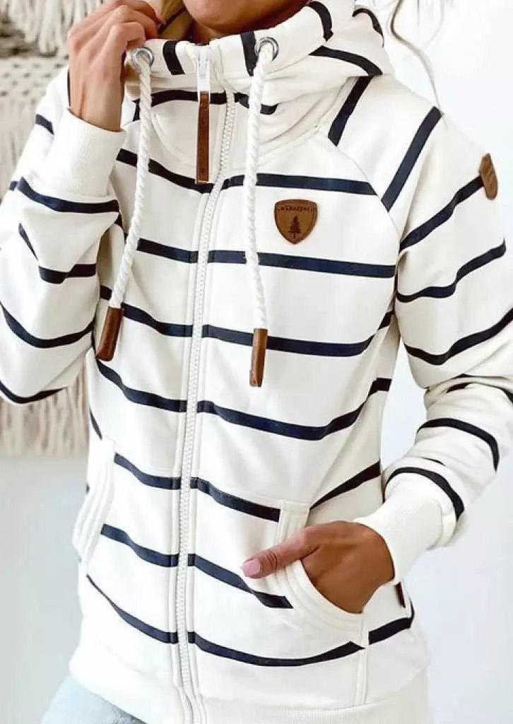Hoodies Striped Pocket Long Sleeve Hoodie in White. Size: L,M,S,XL
