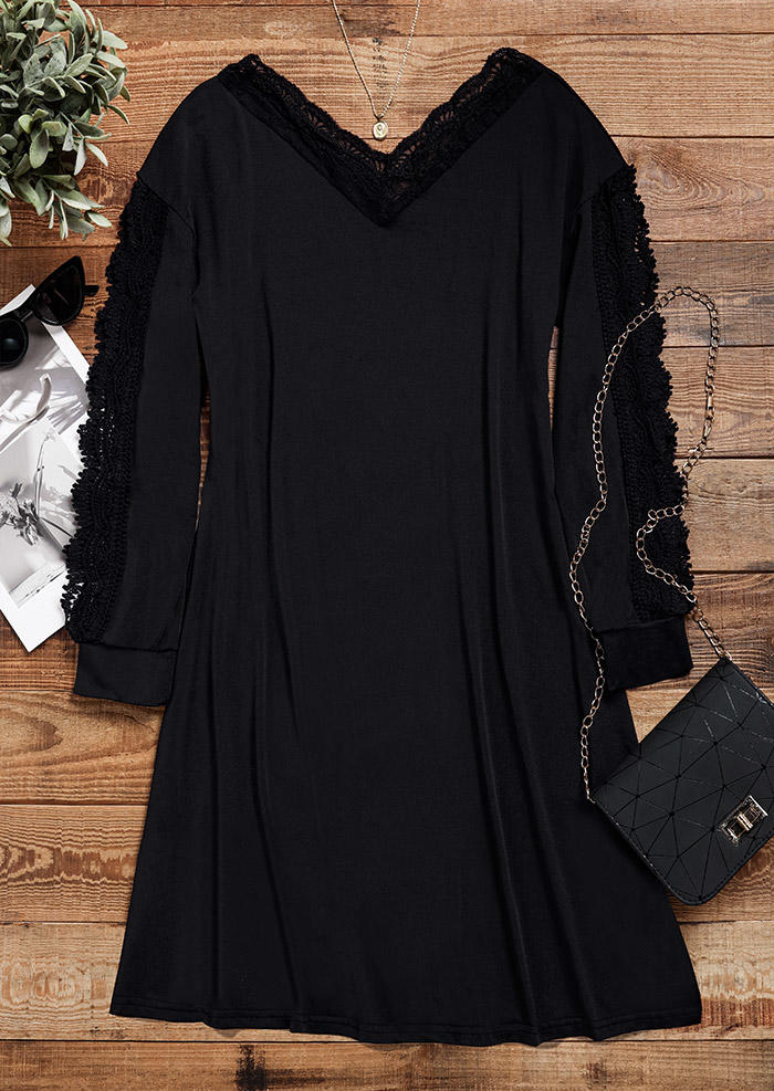 Mini Dresses Lace Splicing Hollow Out Mini Dress in Black. Size: L,M,S,XL