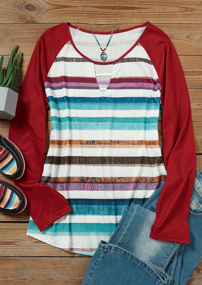 

Blouses Colorful Striped Keyhole Neck Raglan Sleeve Blouse in Multicolor. Size: ,XL