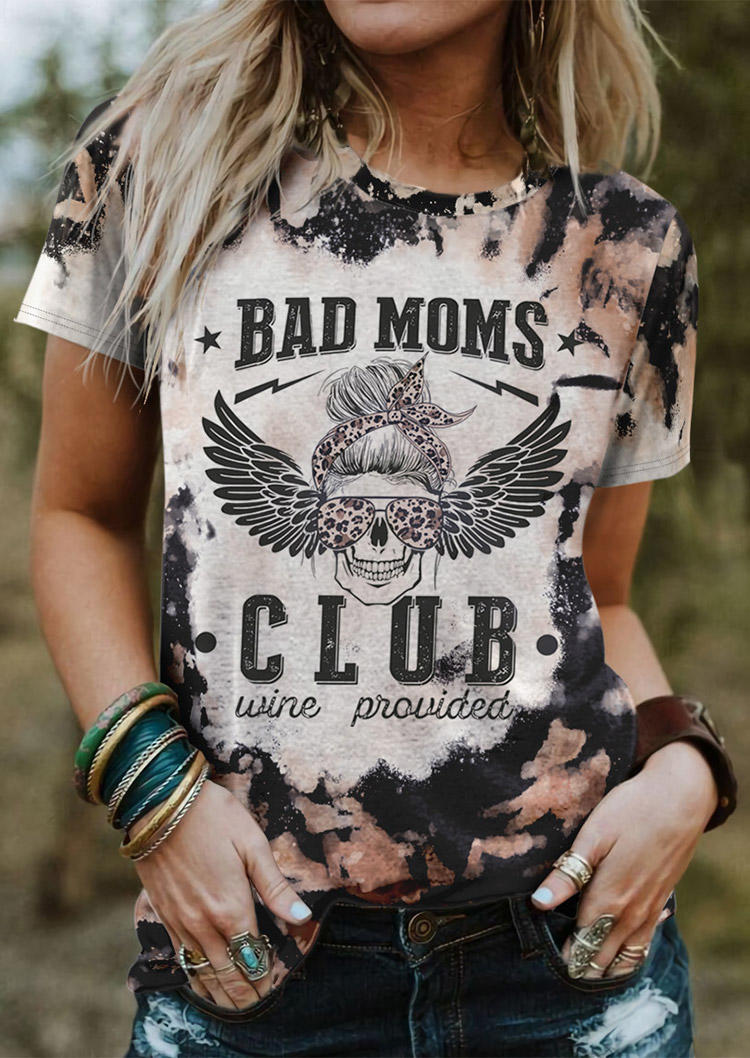Bad Moms Club Wine Provided Skull Leopard Bleached T-Shirt Tee